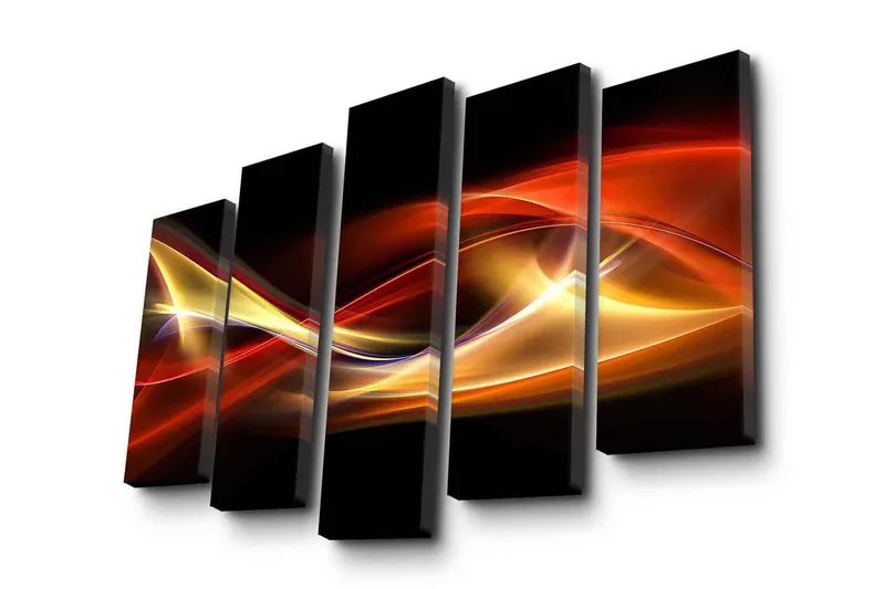 Stor Canvastavla i 5 delar 105x70 cm - Dynamiska ljusvågor i röda och gyllene nyanser - Röd / Guld / Svart - Inredning - Tavlor & posters - Canvastavla