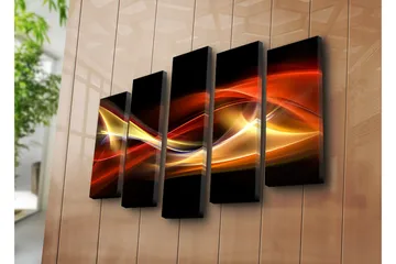 Stor Canvastavla i 5 delar 105x70 cm - Dynamiska ljusvågor i röda och gyllene nyanser - Röd / Guld / Svart - Inredning - Tavlor & posters - Canvastavla