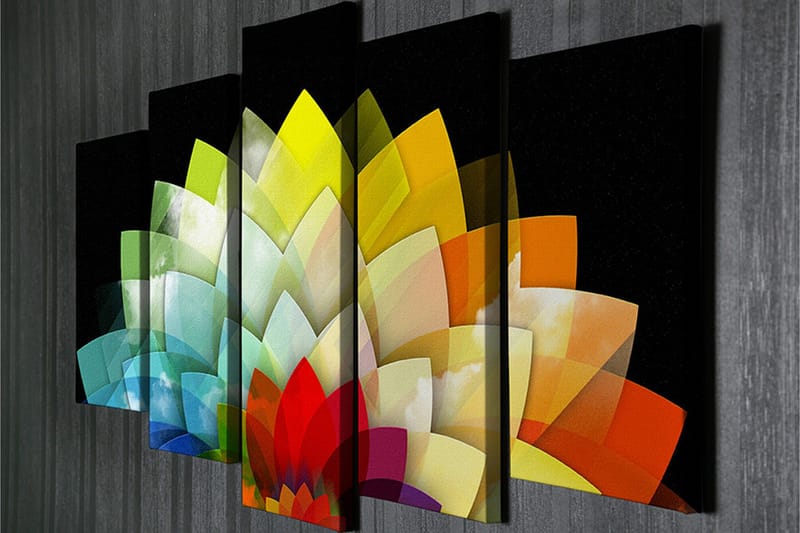 Stor Canvastavla i 5 delar 105x70 cm - Färgglad blomsterkomposition med geometriska former - Grön / Gul / Röd - Inredning - Tavlor & posters - Canvastavla