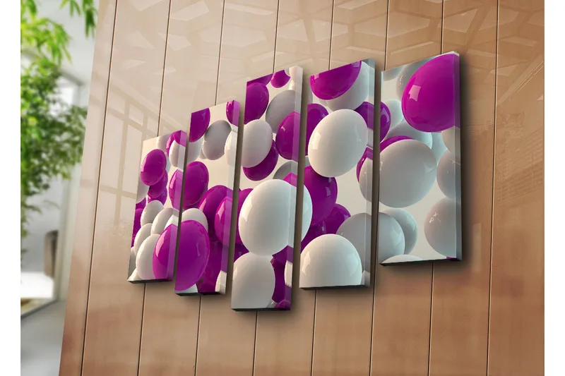 Stor Canvastavla i 5 delar 105x70 cm - Färgglad sammansättning av sfärer i olika storlekar - Lila / Vit - Inredning - Tavlor & posters - Canvastavla