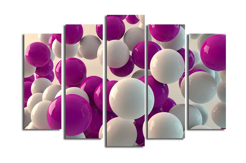 Stor Canvastavla i 5 delar 105x70 cm - Färgglad sammansättning av sfärer i olika storlekar - Lila / Vit - Inredning - Tavlor & posters - Canvastavla