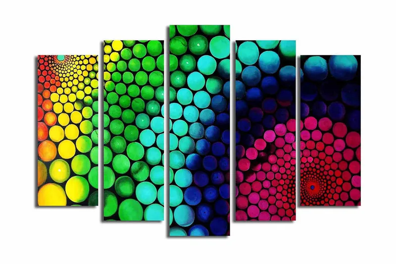 Stor Canvastavla i 5 delar 105x70 cm - Färgglad spiral av cirklar i olika storlekar - Grön / Blå / Rosa - Inredning - Tavlor & posters - Canvastavla
