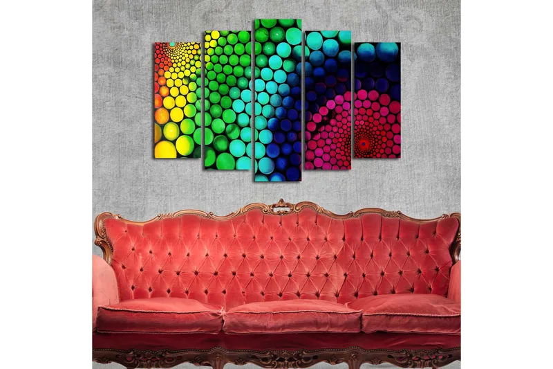 Stor Canvastavla i 5 delar 105x70 cm - Färgglad spiral av cirklar i olika storlekar - Grön / Blå / Rosa - Inredning - Tavlor & posters - Canvastavla