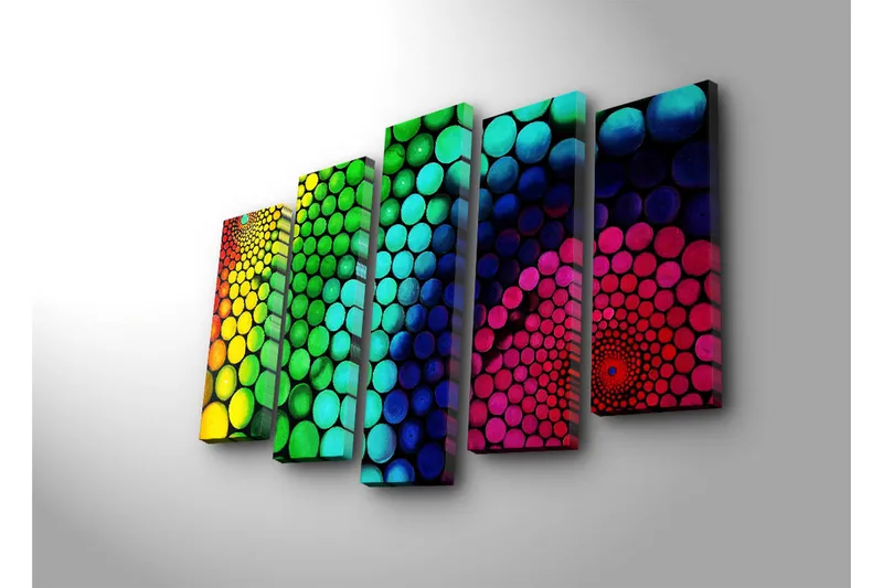 Stor Canvastavla i 5 delar 105x70 cm - Färgglad spiral av cirklar i olika storlekar - Grön / Blå / Rosa - Inredning - Tavlor & posters - Canvastavla