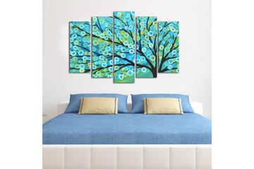 Stor Canvastavla i 5 delar 105x70 cm - Färgglad trädkrona med cirkulära blad - Blå / Grön / Gul - Inredning - Tavlor & posters - Canvastavla