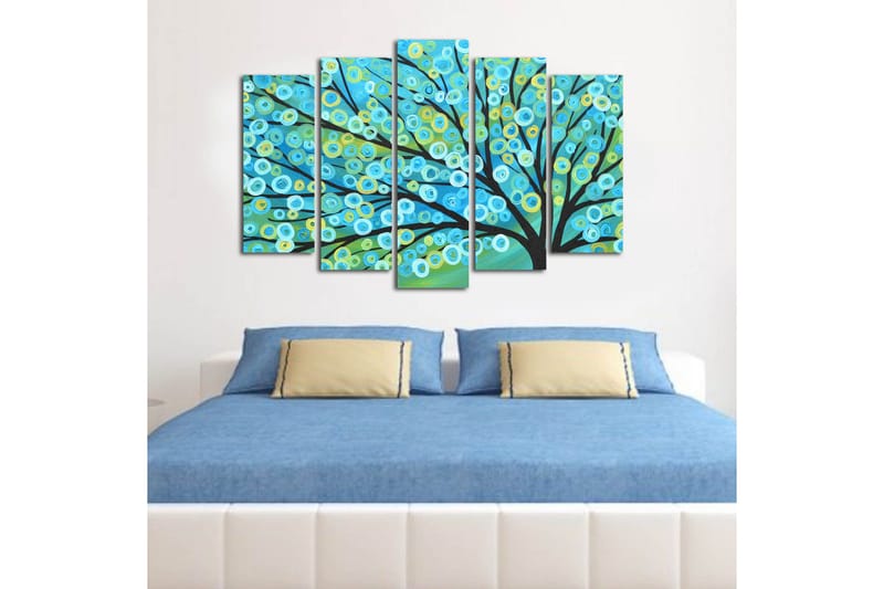 Stor Canvastavla i 5 delar 105x70 cm - Färgglad trädkrona med cirkulära blad - Blå / Grön / Gul - Inredning - Tavlor & posters - Canvastavla