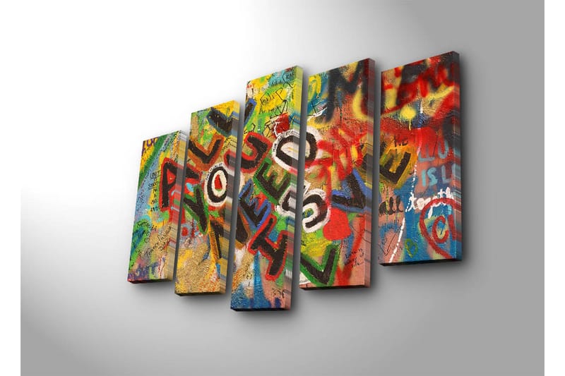 Stor Canvastavla i 5 delar 105x70 cm - Färgglad väggmålning med budskapet ALL YOU NEED IS LOVE - Röd / Grön / Gul - Inredning - Tavlor & posters - Canvastavla