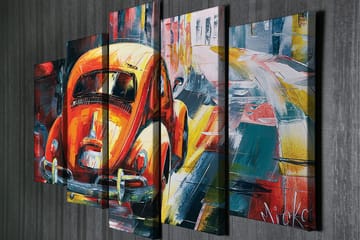 Stor Canvastavla i 5 delar 105x70 cm - Färgglad Volkswagen-bubbla i en livlig stadsmiljö - Orange / Blå / Röd - Inredning - Tavlor & posters - Canvastavla