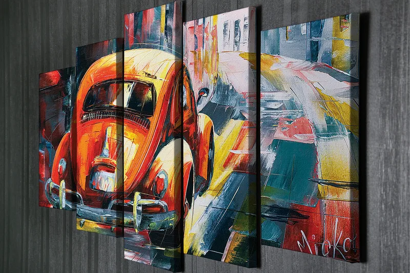 Stor Canvastavla i 5 delar 105x70 cm - Färgglad Volkswagen-bubbla i en livlig stadsmiljö - Orange / Blå / Röd - Inredning - Tavlor & posters - Canvastavla