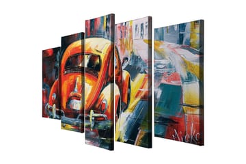Stor Canvastavla i 5 delar 105x70 cm - Färgglad Volkswagen-bubbla i en livlig stadsmiljö - Orange / Blå / Röd - Inredning - Tavlor & posters - Canvastavla