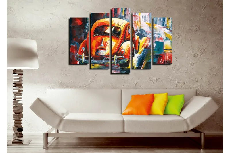 Stor Canvastavla i 5 delar 105x70 cm - Färgglad Volkswagen-bubbla i en livlig stadsmiljö - Orange / Blå / Röd - Inredning - Tavlor & posters - Canvastavla