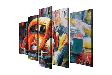 Stor Canvastavla i 5 delar 105x70 cm - Färgglad Volkswagen-bubbla i en livlig stadsmiljö - Orange / Blå / Röd - Inredning - Tavlor & posters - Canvastavla