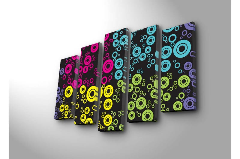 Stor Canvastavla i 5 delar 105x70 cm - Färgglada cirklar i olika storlekar mot en svart bakgrund - Rosa / Blå / Gul - Inredning - Tavlor & posters - Canvastavla