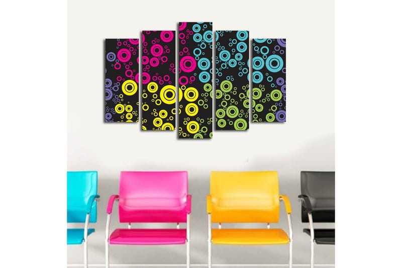 Stor Canvastavla i 5 delar 105x70 cm - Färgglada cirklar i olika storlekar mot en svart bakgrund - Rosa / Blå / Gul - Inredning - Tavlor & posters - Canvastavla