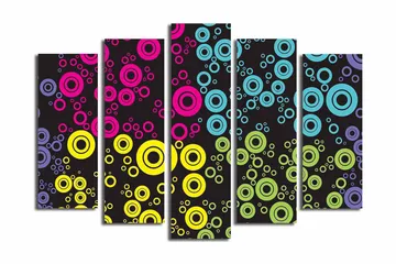 Stor Canvastavla i 5 delar 105x70 cm - Färgglada cirklar i olika storlekar mot en svart bakgrund - Rosa / Blå / Gul - Inredning - Tavlor & posters - Canvastavla