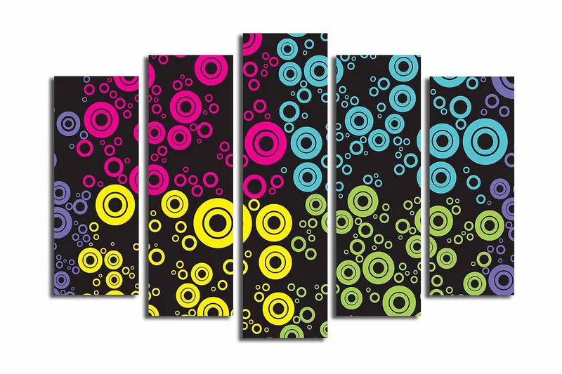 Stor Canvastavla i 5 delar 105x70 cm - Färgglada cirklar i olika storlekar mot en svart bakgrund - Rosa / Blå / Gul - Inredning - Tavlor & posters - Canvastavla
