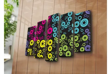 Stor Canvastavla i 5 delar 105x70 cm - Färgglada cirklar i olika storlekar mot en svart bakgrund - Rosa / Blå / Gul - Inredning - Tavlor & posters - Canvastavla