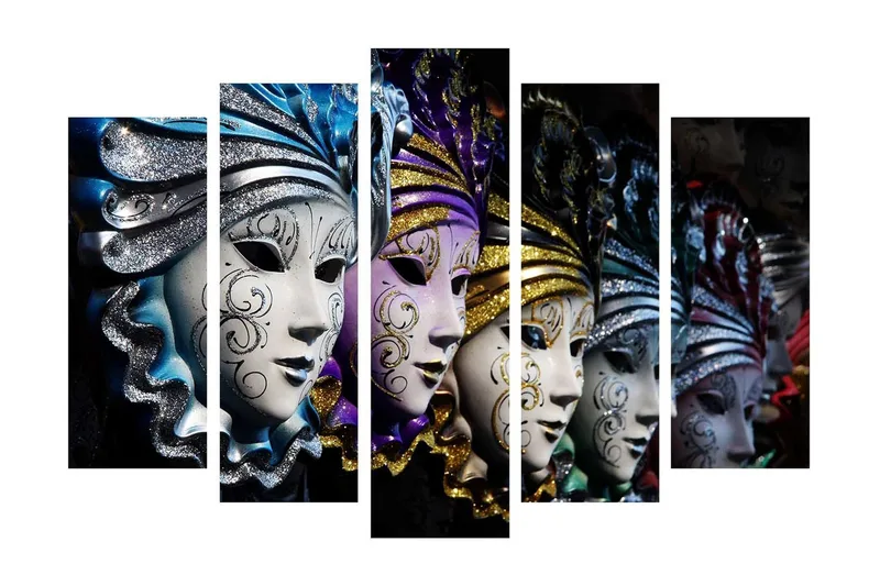 Stor Canvastavla i 5 delar 105x70 cm - Färgglada masker med intrikata mönster, Blå / Lila / Silver