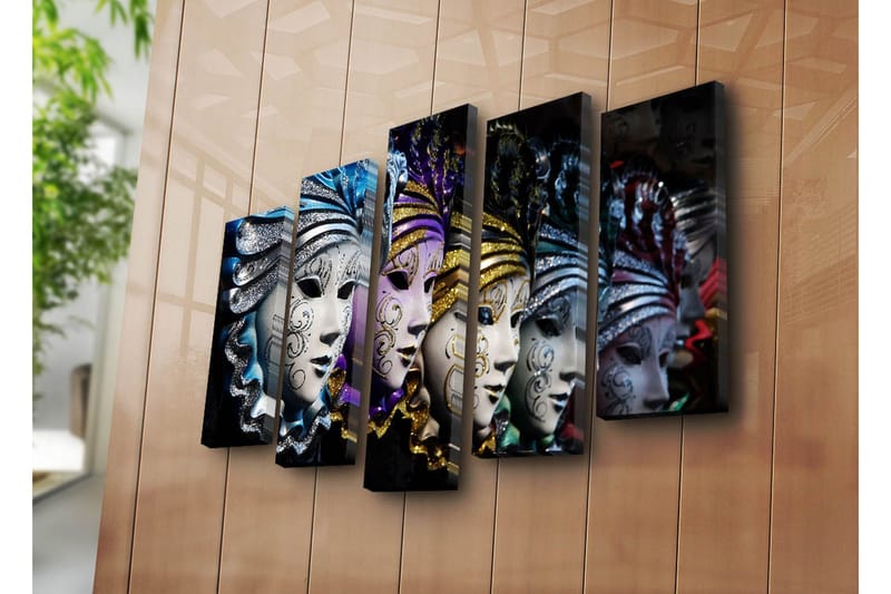 Stor Canvastavla i 5 delar 105x70 cm - Färgglada masker med intrikata mönster - Blå / Lila / Silver - Inredning - Tavlor & posters - Canvastavla