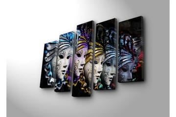 Stor Canvastavla i 5 delar 105x70 cm - Färgglada masker med intrikata mönster - Blå / Lila / Silver - Inredning - Tavlor & posters - Canvastavla