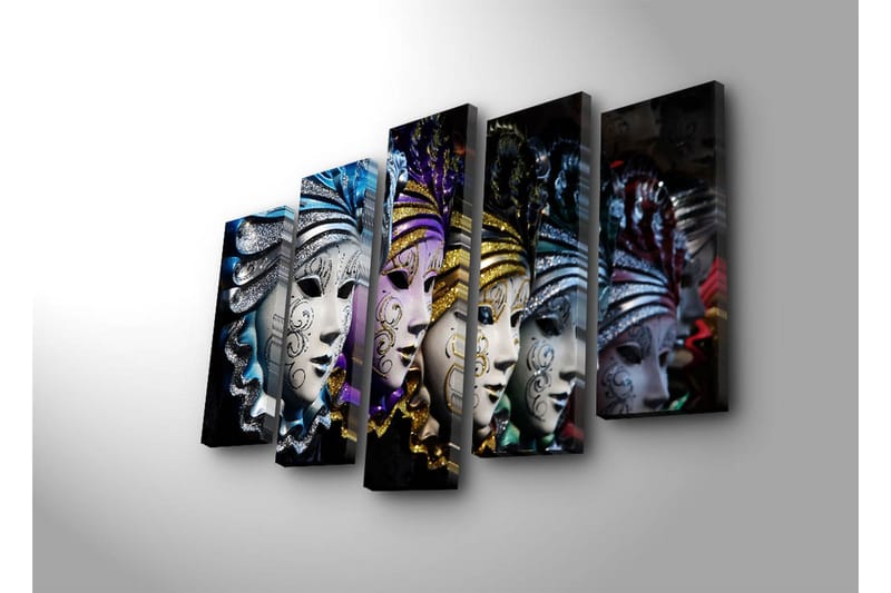 Stor Canvastavla i 5 delar 105x70 cm - Färgglada masker med intrikata mönster - Blå / Lila / Silver - Inredning - Tavlor & posters - Canvastavla