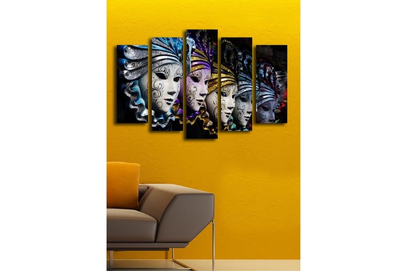 Stor Canvastavla i 5 delar 105x70 cm - Färgglada masker med intrikata mönster - Blå / Lila / Silver - Inredning - Tavlor & posters - Canvastavla
