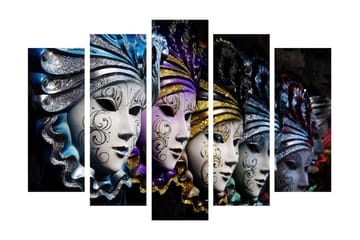 Stor Canvastavla i 5 delar 105x70 cm - Färgglada masker med intrikata mönster - Blå / Lila / Silver - Inredning - Tavlor & posters - Canvastavla