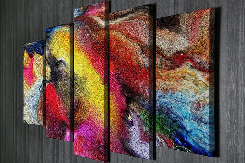 Stor Canvastavla i 5 delar 105x70 cm - Färgrik abstrakt komposition med svepande former - Röd / Gul / Blå - Inredning - Tavlor & posters - Canvastavla