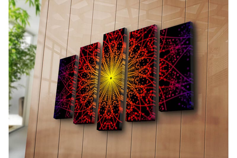 Stor Canvastavla i 5 delar 105x70 cm - Färgrik mandala med strålar av ljus - Gul / Röd / Svart - Inredning - Tavlor & posters - Canvastavla