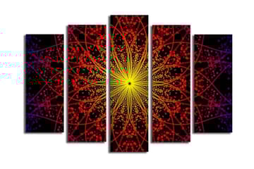 Stor Canvastavla i 5 delar 105x70 cm - Färgrik mandala med strålar av ljus - Gul / Röd / Svart - Inredning - Tavlor & posters - Canvastavla