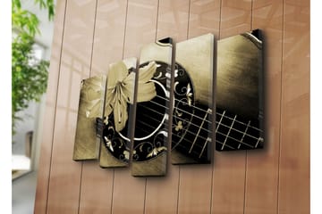 Stor Canvastavla i 5 delar 105x70 cm - Gitarr med en blomma som accentuerar instrumentets detaljer - Guld / Svart / Beige - Inredning - Tavlor & posters - Canvastavla