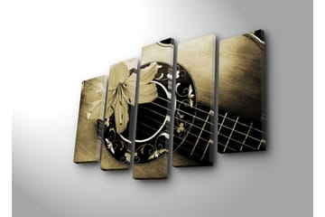 Stor Canvastavla i 5 delar 105x70 cm - Gitarr med en blomma som accentuerar instrumentets detaljer - Guld / Svart / Beige - Inredning - Tavlor & posters - Canvastavla