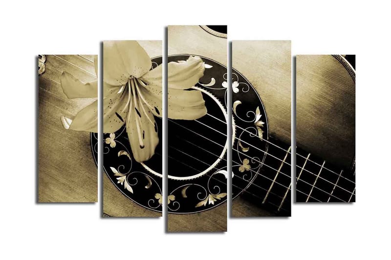 Stor Canvastavla i 5 delar 105x70 cm - Gitarr med en blomma som accentuerar instrumentets detaljer - Guld / Svart / Beige - Inredning - Tavlor & posters - Canvastavla