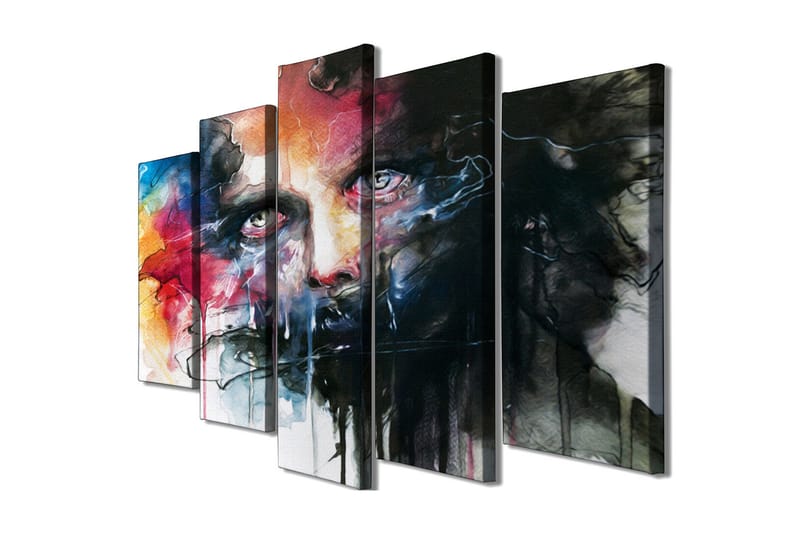 Stor Canvastavla i 5 delar 105x70 cm - Intensivt porträtt med dramatiska färger och uttrycksfulla drag - Svart / Röd / Blå - Inredning - Tavlor & posters - Canvastavla