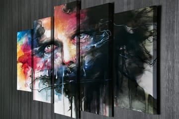 Stor Canvastavla i 5 delar 105x70 cm - Intensivt porträtt med dramatiska färger och uttrycksfulla drag - Svart / Röd / Blå - Inredning - Tavlor & posters - Canvastavla