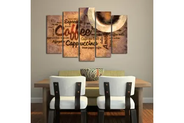 Stor Canvastavla i 5 delar 105x70 cm - Kaffeinspirerat konstverk med text och kaffekoppar - Brun / Beige / Svart - Inredning - Tavlor & posters - Canvastavla