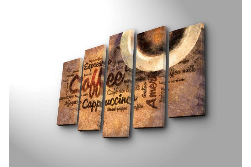 Stor Canvastavla i 5 delar 105x70 cm - Kaffeinspirerat konstverk med text och kaffekoppar - Brun / Beige / Svart - Inredning - Tavlor & posters - Canvastavla