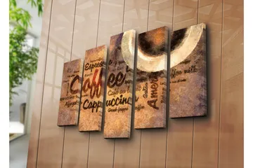 Stor Canvastavla i 5 delar 105x70 cm - Kaffeinspirerat konstverk med text och kaffekoppar - Brun / Beige / Svart - Inredning - Tavlor & posters - Canvastavla