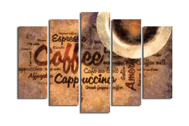 Stor Canvastavla i 5 delar 105x70 cm - Kaffeinspirerat konstverk med text och kaffekoppar, Brun / Beige / Svart