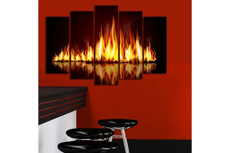 Stor Canvastavla i 5 delar 105x70 cm - Lågor som dansar i en eldkomposition - Orange / Röd / Svart - Inredning - Tavlor & posters - Canvastavla