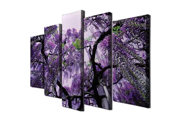 Stor Canvastavla i 5 delar 105x70 cm - Lila blomsterhäng av wisteria - Lila / Grön / Svart - Inredning - Tavlor & posters - Canvastavla