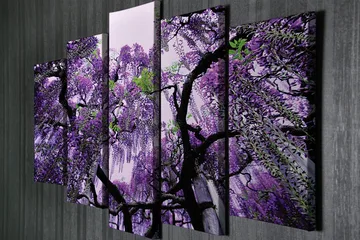 Stor Canvastavla i 5 delar 105x70 cm - Lila blomsterhäng av wisteria - Lila / Grön / Svart - Inredning - Tavlor & posters - Canvastavla