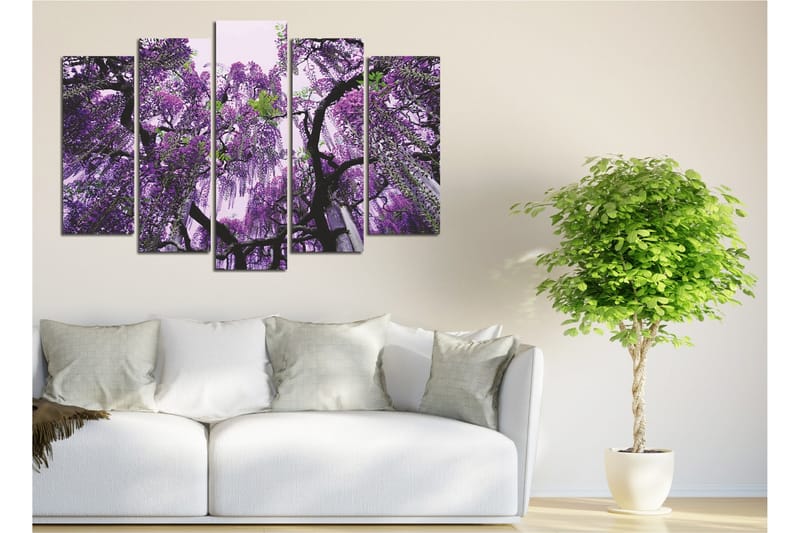 Stor Canvastavla i 5 delar 105x70 cm - Lila blomsterhäng av wisteria - Lila / Grön / Svart - Inredning - Tavlor & posters - Canvastavla