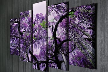Stor Canvastavla i 5 delar 105x70 cm - Lila blomsterhäng av wisteria - Lila / Grön / Svart - Inredning - Tavlor & posters - Canvastavla