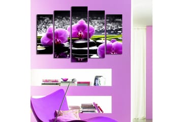 Stor Canvastavla i 5 delar 105x70 cm - Lila orkidéer på svarta stenar med reflektioner i vatten - Lila / Svart / Grön - Inredning - Tavlor & posters - Canvastavla