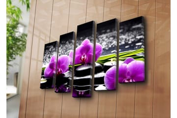 Stor Canvastavla i 5 delar 105x70 cm - Lila orkidéer på svarta stenar med reflektioner i vatten - Lila / Svart / Grön - Inredning - Tavlor & posters - Canvastavla