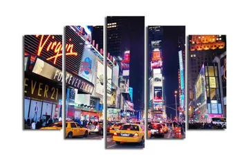 Stor Canvastavla i 5 delar 105x70 cm - Livlig stadsbild av Times Square med neonskyltar och trafik - Gult / Blått / Rött - Inredning - Tavlor & posters - Canvastavla