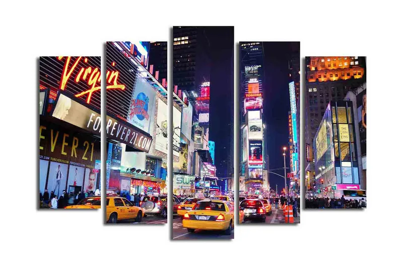 Stor Canvastavla i 5 delar 105x70 cm - Livlig stadsbild av Times Square med neonskyltar och trafik - Gult / Blått / Rött - Inredning - Tavlor & posters - Canvastavla