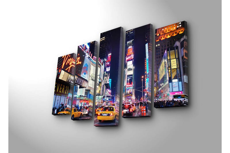 Stor Canvastavla i 5 delar 105x70 cm - Livlig stadsbild av Times Square med neonskyltar och trafik - Gult / Blått / Rött - Inredning - Tavlor & posters - Canvastavla