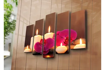 Stor Canvastavla i 5 delar 105x70 cm - Lugnande komposition med tända ljus och orkidéer - Vit / Rosa / Grå - Inredning - Tavlor & posters - Canvastavla